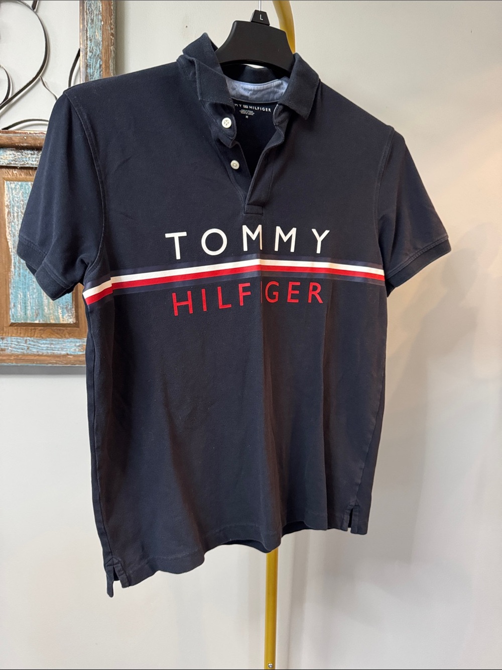 Tommy Hilfiger Navy Polo with Red and White Chest Stripe GUC M